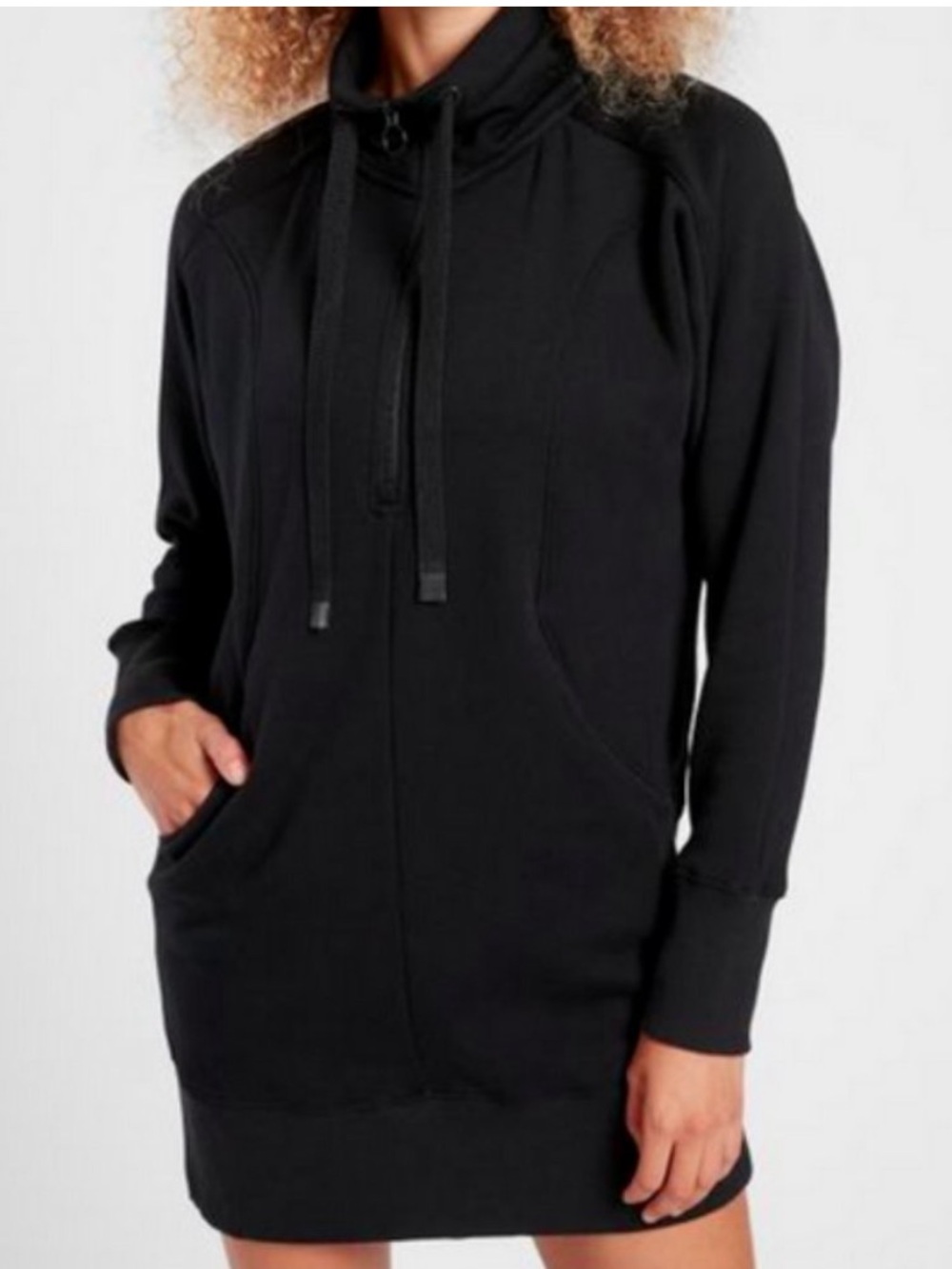Athleta Cozy Karma black dress size large featuring hoodie and kangaroo pockets